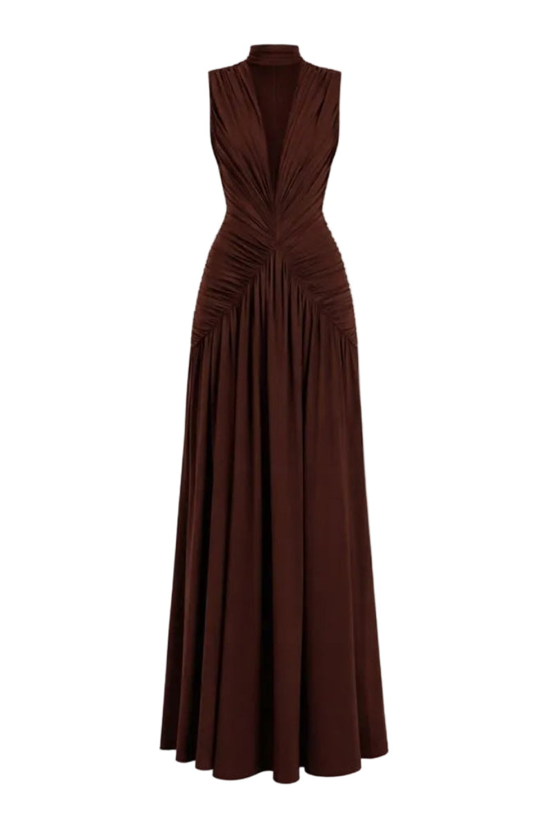 KUBAYMA brown maxi dress by Khanum's featuring flowing fabric and elegant design, perfect for stylish occasions.
