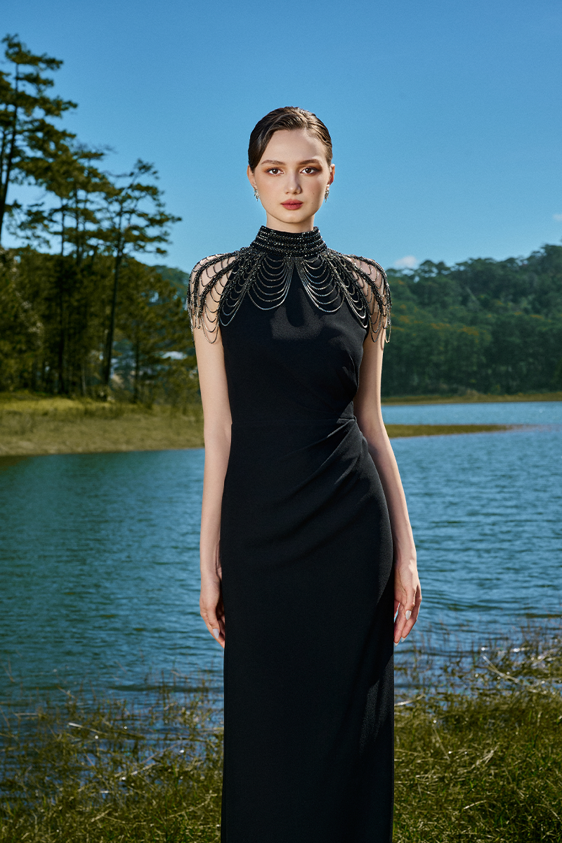 LOUSIA BLACK HIGH-NECK DRAPED GOWN | CULT MIA | Le Thanh Hoa LOUSIA BLACK HIGH-NECK DRAPED GOWN | CULT MIA | Le Thanh Hoa