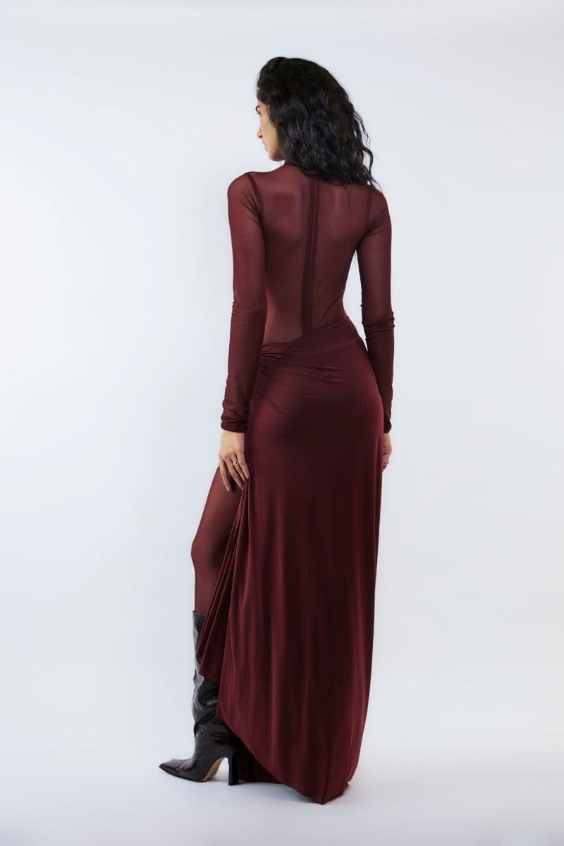 Deme By Gabriella Gloria Cherry Red Ruched Gown featuring a fitted silhouette, ruched detailing, and elegant long sleeves.