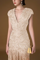 Beige metallic striped chiffon gown by I.H.F featuring elegant flowing fabric and stylish design for formal occasions.