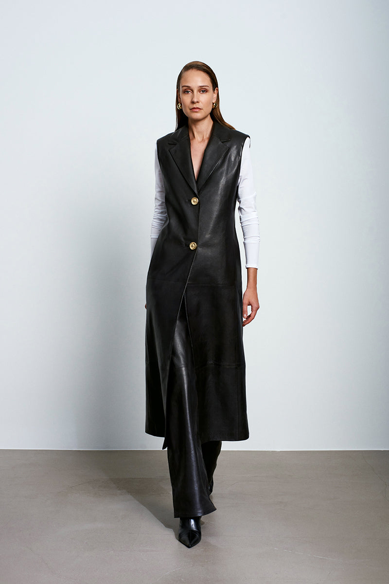 Brown Mercury leather vest by Acaria Studio, featuring a stylish and fitted design made from high-quality leather.