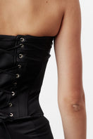 Black satin Bridget corset top by Nazlı Ceren featuring structured design and delicate satin fabric.