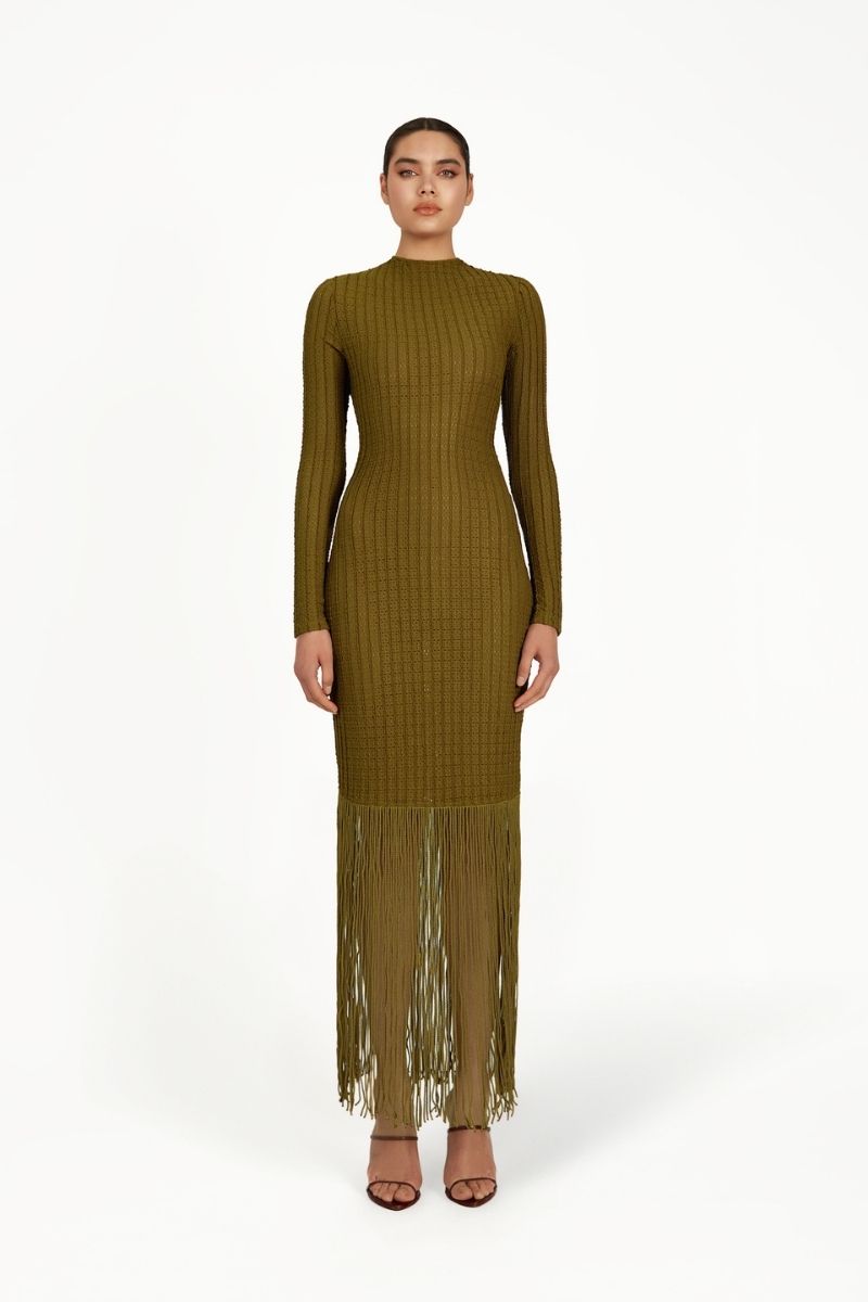 Khaki KAHRA maxi dress by Khanum's featuring a flowing fabric and elegant design, perfect for casual or semi-formal occasions.