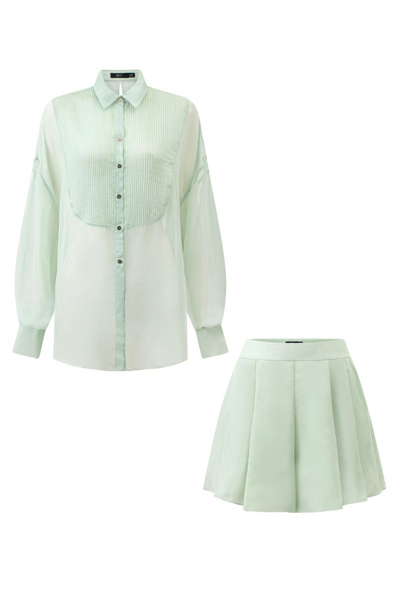 MELITA MINT SILK PLEATED SHIRT AND SHORTS SET - CULT MIA