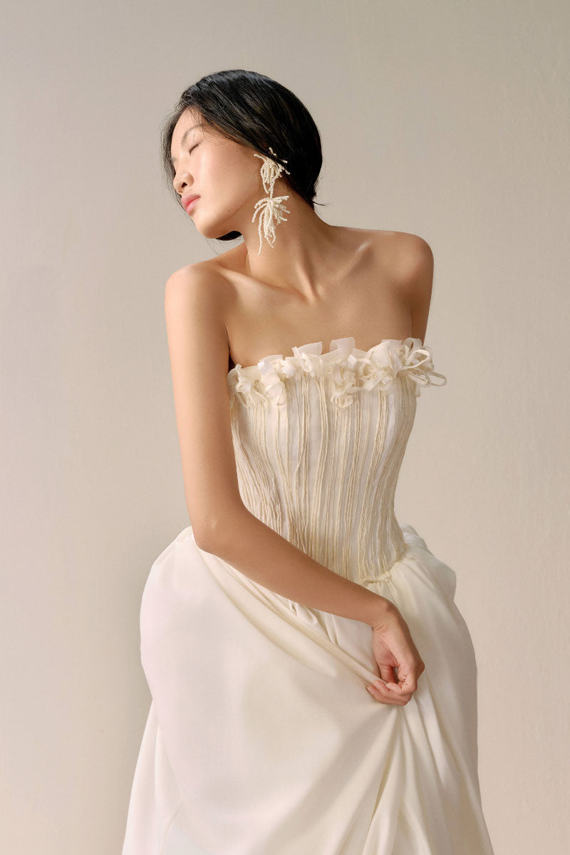 Petite ivory floral embroidered midi gown by LECIA, featuring delicate embroidery and a flowing silhouette.