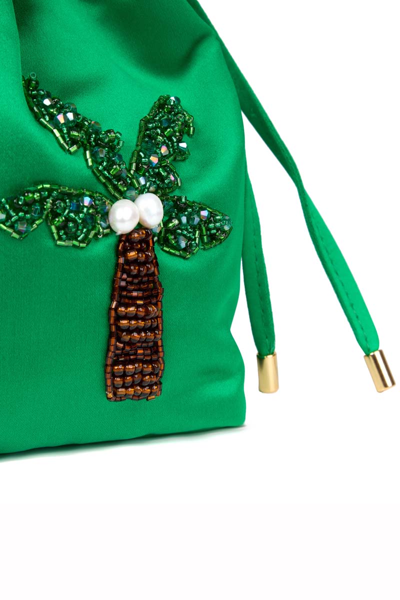 Waiwai Rio BEL CETIM Aloha Bag in green, a stylish top handle bag with a smooth, satin-like finish and elegant design.