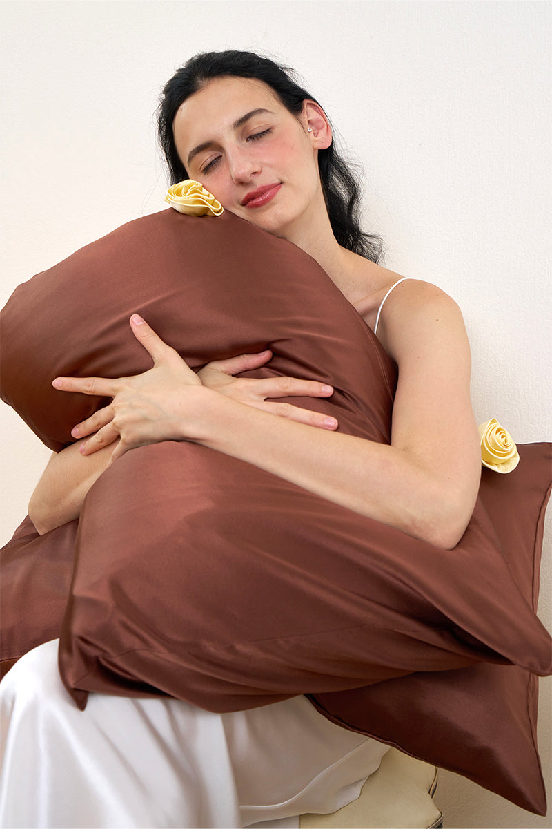 Brown Tuscan Rose silk pillowcase by Not Just Pajama, soft and smooth homeware accessory for luxurious bedding.