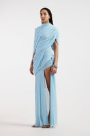 Deme By Gabriella Jovana draped blue maxi dress with flowing fabric and elegant design, perfect for formal occasions.