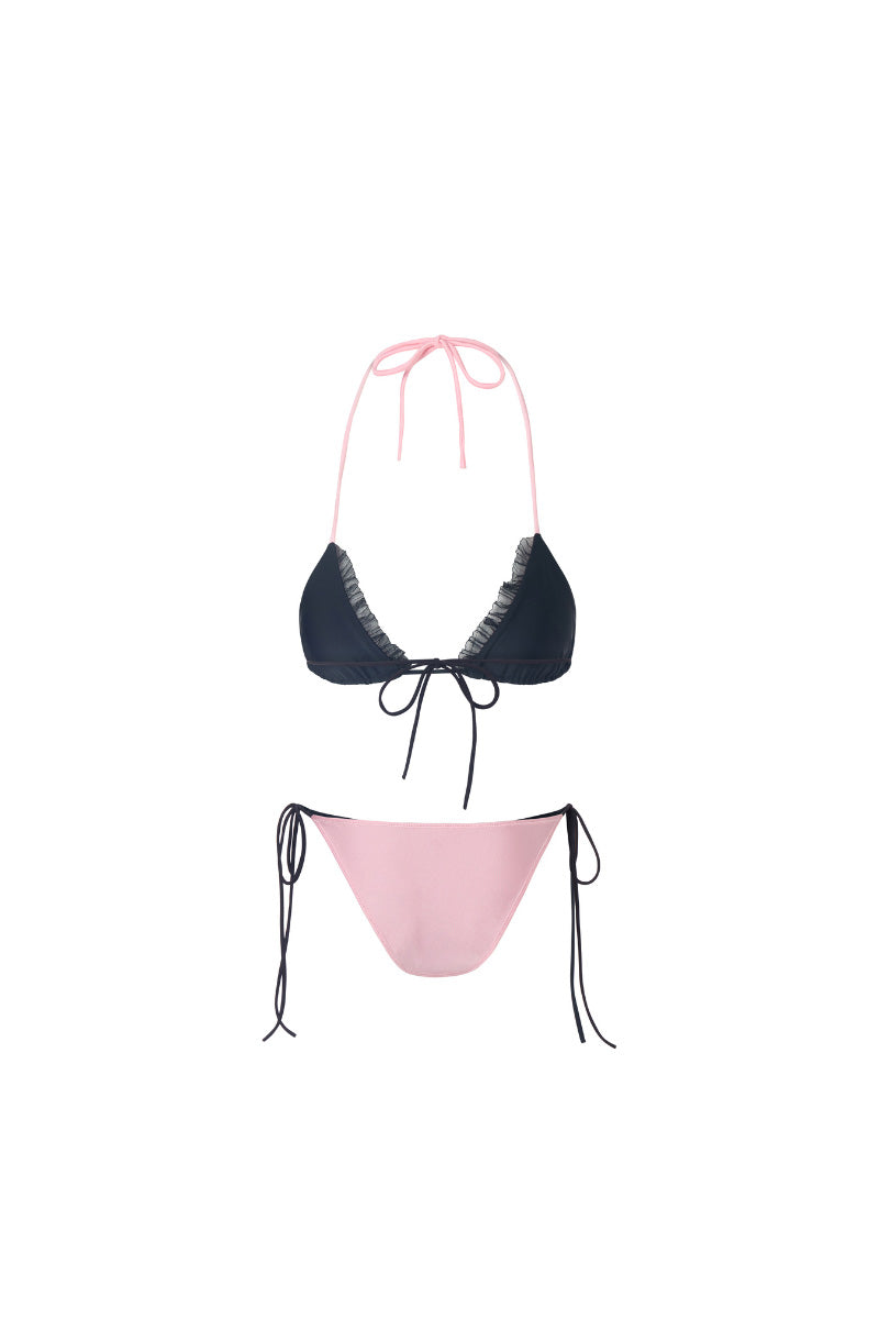 Reversible pink and black bikini set by Suncillo featuring a stylish two-tone design and adjustable straps.
