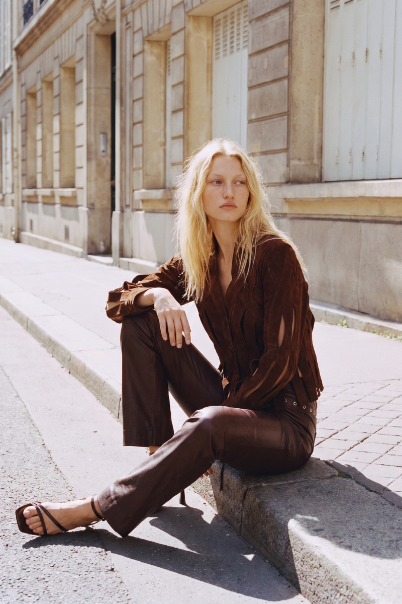 Double A CULT MIA X Brianna suede brown jacket, stylish women's outerwear with a sleek fit and soft suede texture.