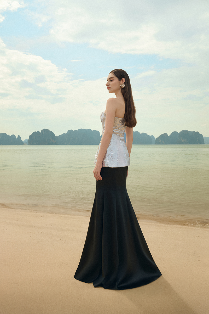 Lune De Soie shimmer taffeta co-ords set with a fitted top and matching skirt, featuring a luxurious, shiny fabric.