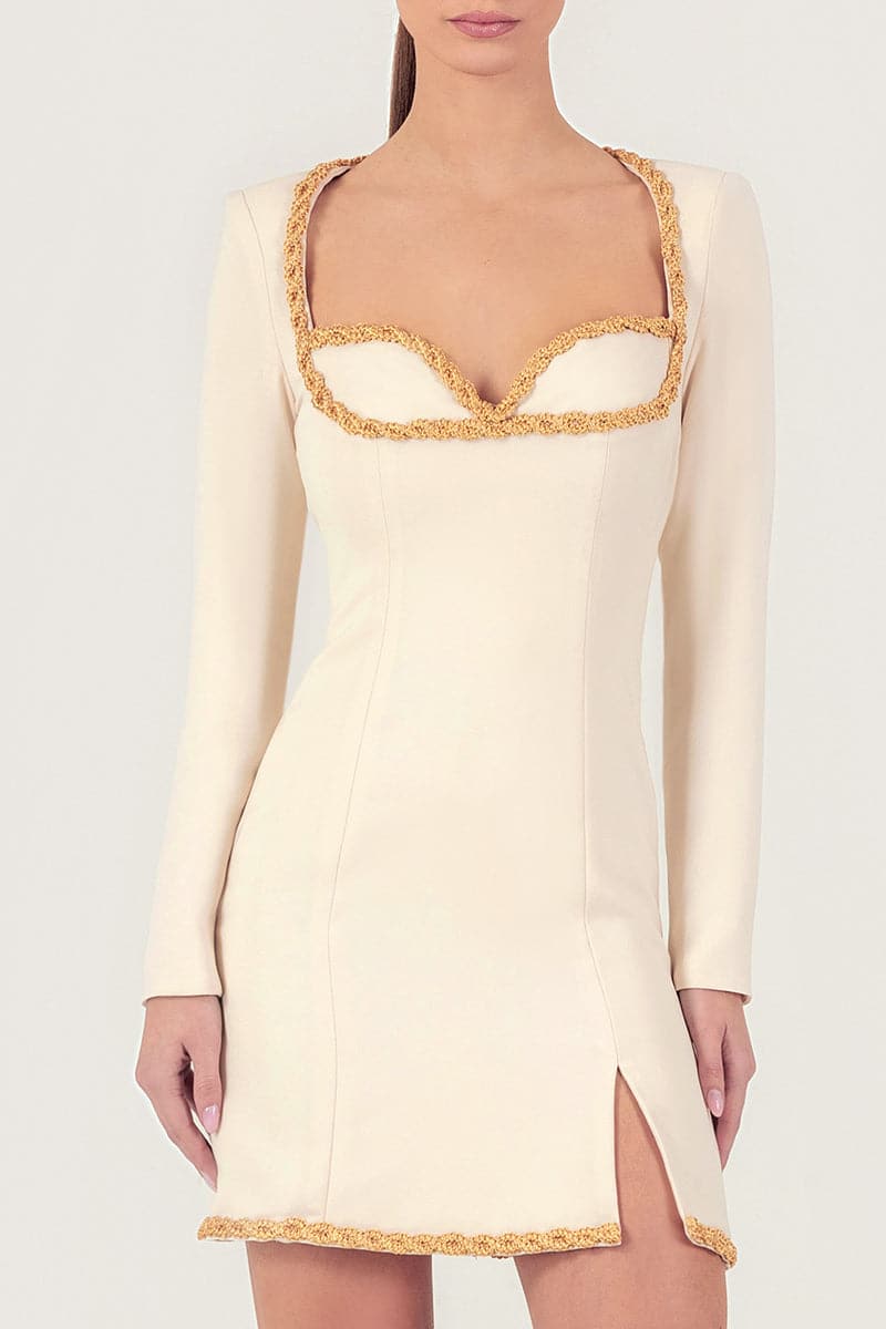 GOLD THREAD-EMBROIDERED CREPE MINI DRESS - CULT MIA