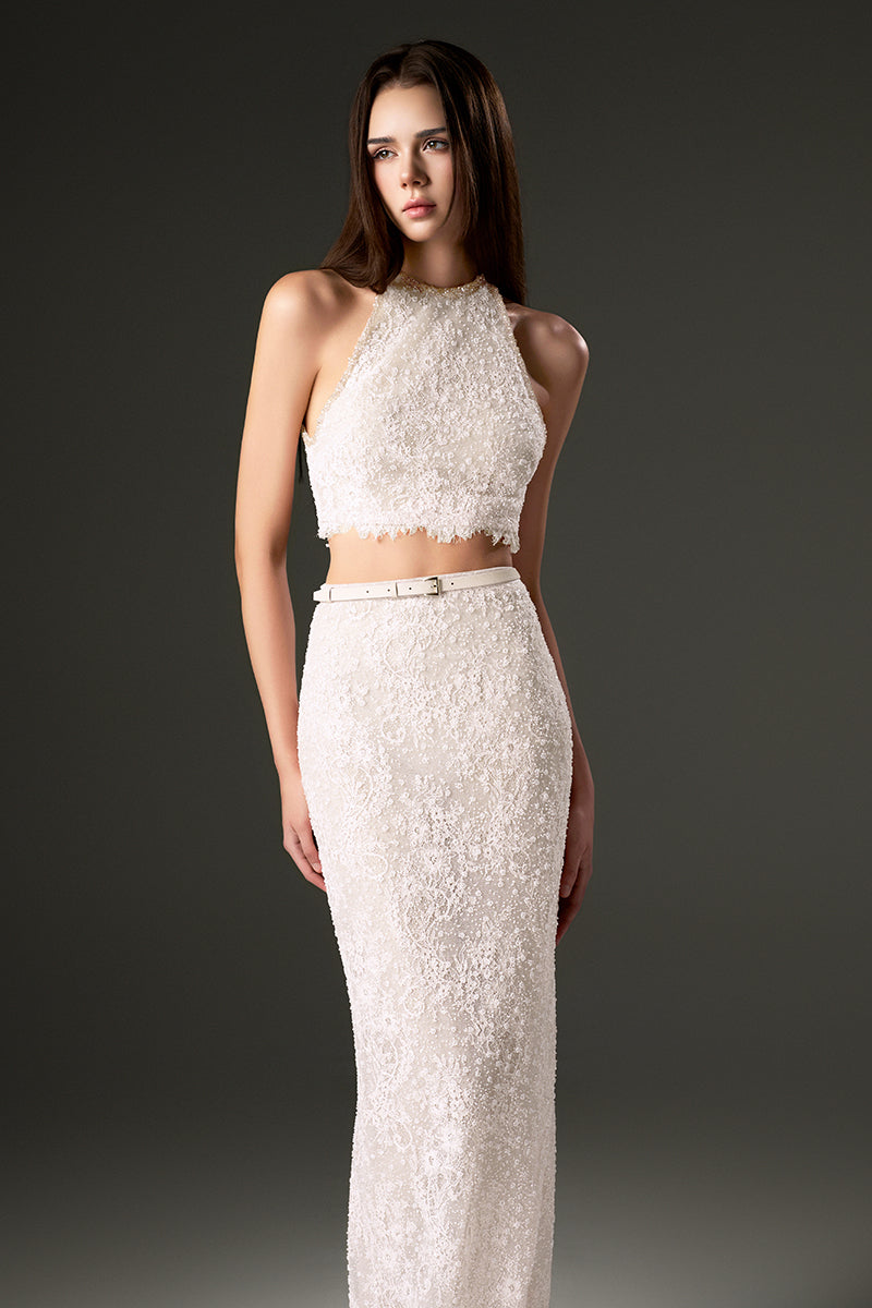 White halter mesh lace top and skirt co-ords set from I.H.F Studio, featuring intricate lace detailing and a stylish, fitted design.