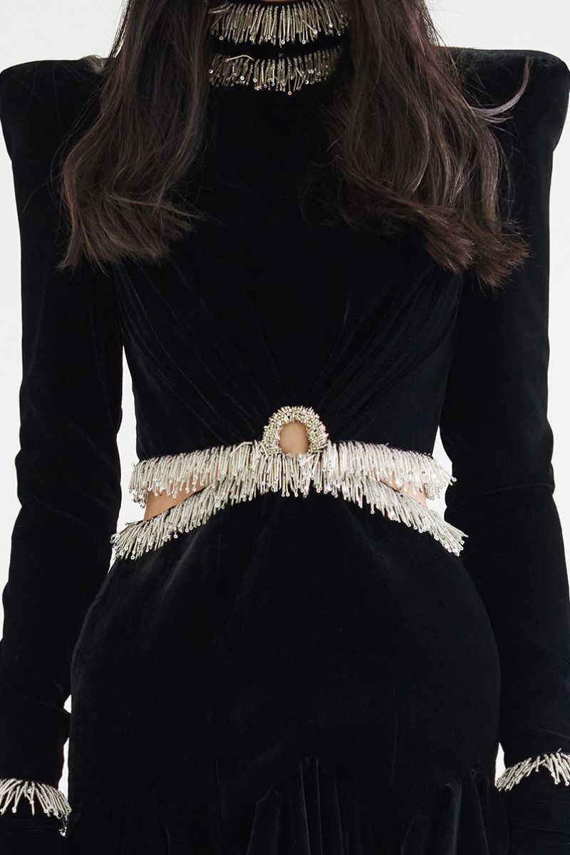 BEAD-EMBELLISHED VELVET MINI DRESS IN BLACK - CULT MIA