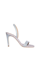 A pair of VIVIEN silver Lurex slingback sandals by AERA with open toes and a sleek, shiny metallic finish.