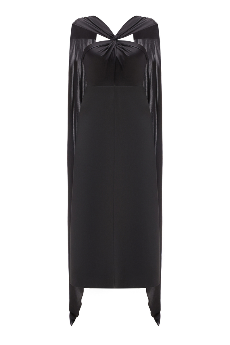 BLACK SILK AND WOOL MIDI DRESS - CULT MIA