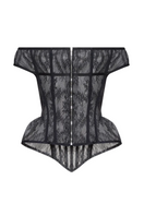 Black lace corset top by BALYKINA with intricate lace details, form-fitting design, and adjustable straps.