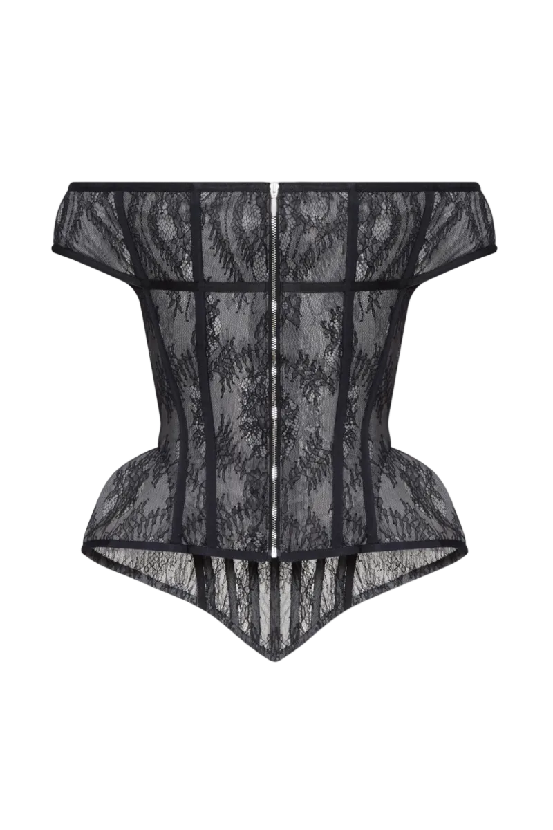Black lace corset top by BALYKINA with intricate lace details, form-fitting design, and adjustable straps.