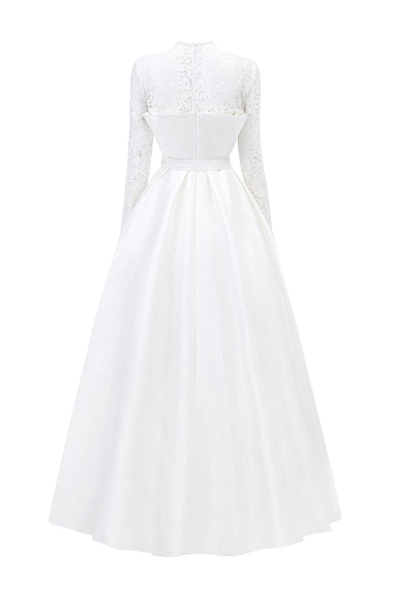 DRAPED BUSTIER TAFFETA GOWN WITH LONG LACE SLEEVES - CULT MIA