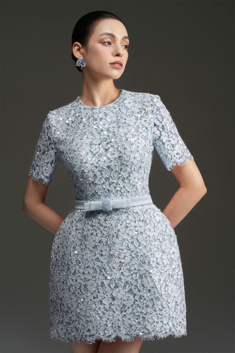 Blue I.H.F Studio sequin floral lace and silk taffeta mini dress with intricate lace details and a fitted silhouette.