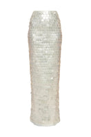 White sequin maxi skirt by Balykina with a flowing silhouette and shimmering embellished details.