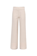 Beige SÉLONE Oris wide-leg trousers laid flat, showing high waist and relaxed fit, made from lightweight fabric.