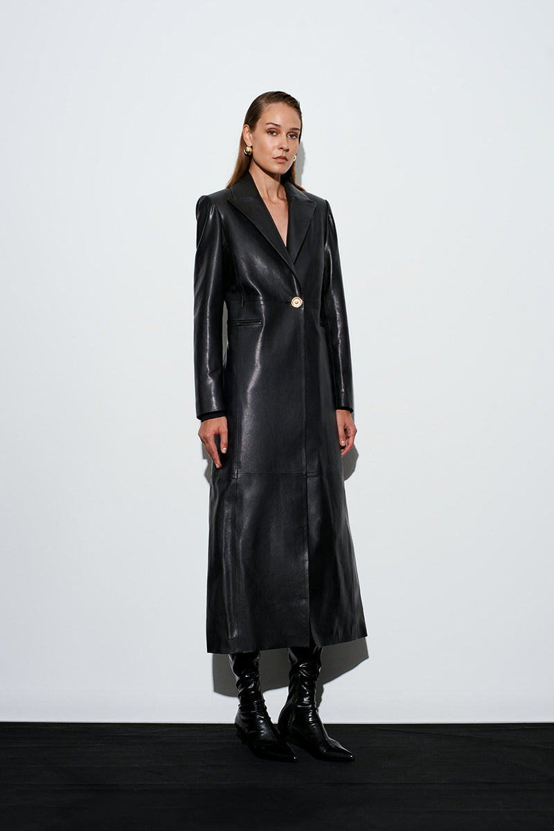 Black Venus Maxi Blazer by Acaria Studio, stylish long coat with tailored fit and classic lapel design, perfect for formal wear.