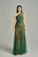 HAPPY CLOTHING CULT MIA X MAKENNA green A-line organza gown with flowing silhouette and delicate fabric details.