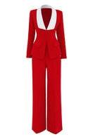 Do Long crimson power suit co-ord set featuring a tailored blazer and matching pants, stylish and modern for professional or casual wear.