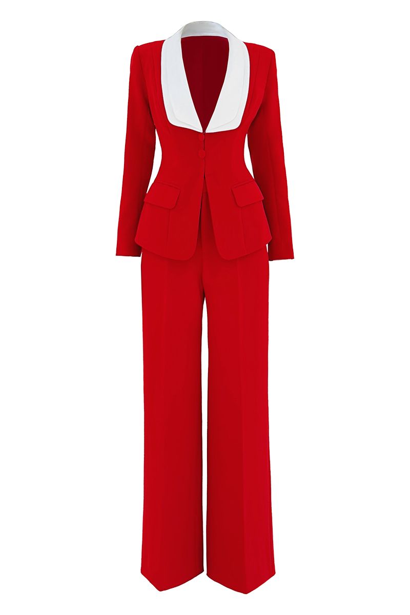 Do Long crimson power suit co-ord set featuring a tailored blazer and matching pants, stylish and modern for professional or casual wear.