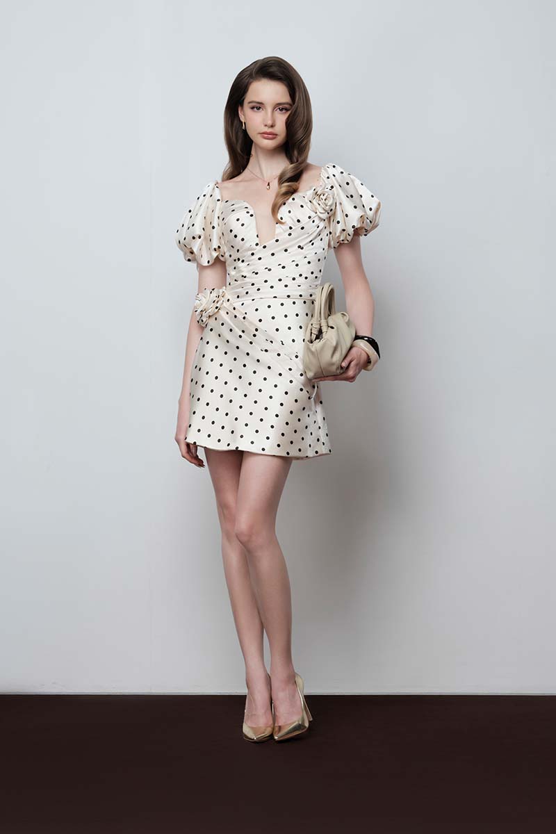 Do Long Rose Dot Mini Dress featuring a flared silhouette and feminine floral dot pattern, perfect for casual or dressy occasions.