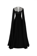 Black velvet satin cape sleeve gown by Tracy Studio, featuring elegant flowing fabric and sophisticated design.