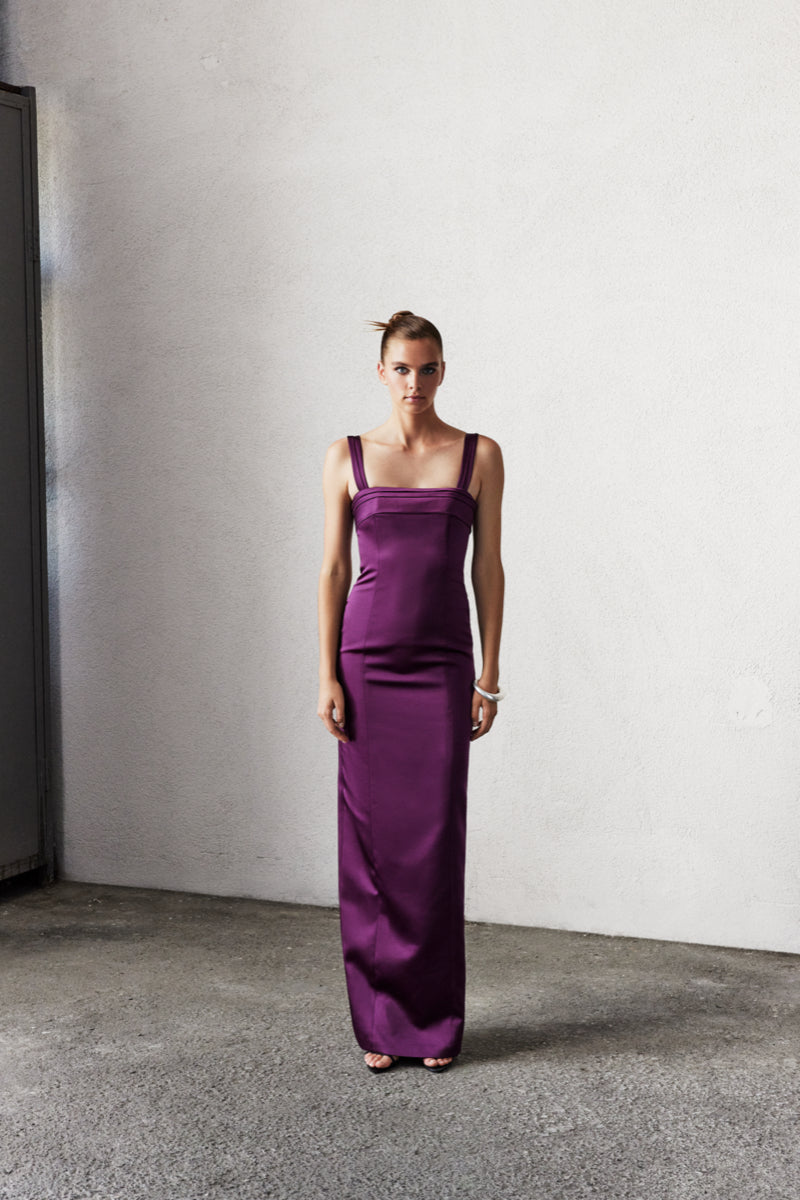 BRIDGET LONG SATIN DRESS IN SPICED PLUM - CULT MIA