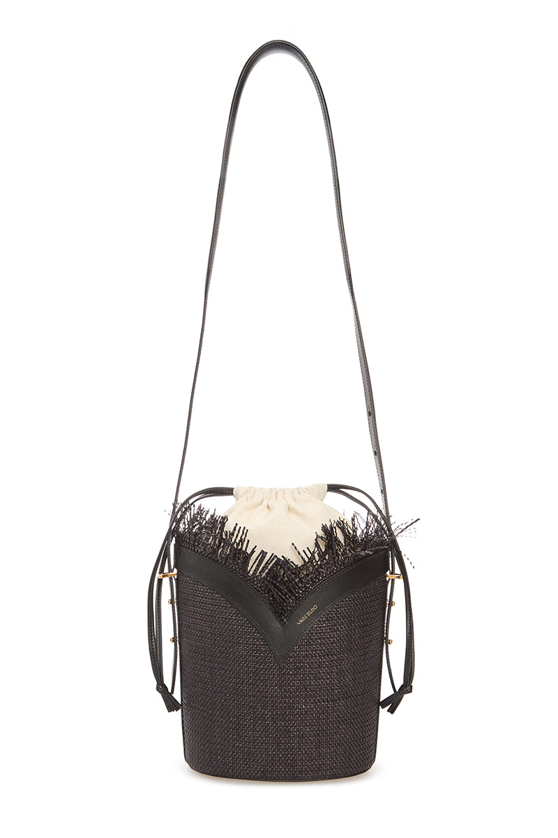 Black shoulder bucket bag by Vikele Studio with a rounded shape, adjustable strap, and minimalist design.