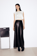 Black faux leather midi skirt by ELENAREVA featuring a fitted waist and sleek, modern design, shown on a model.