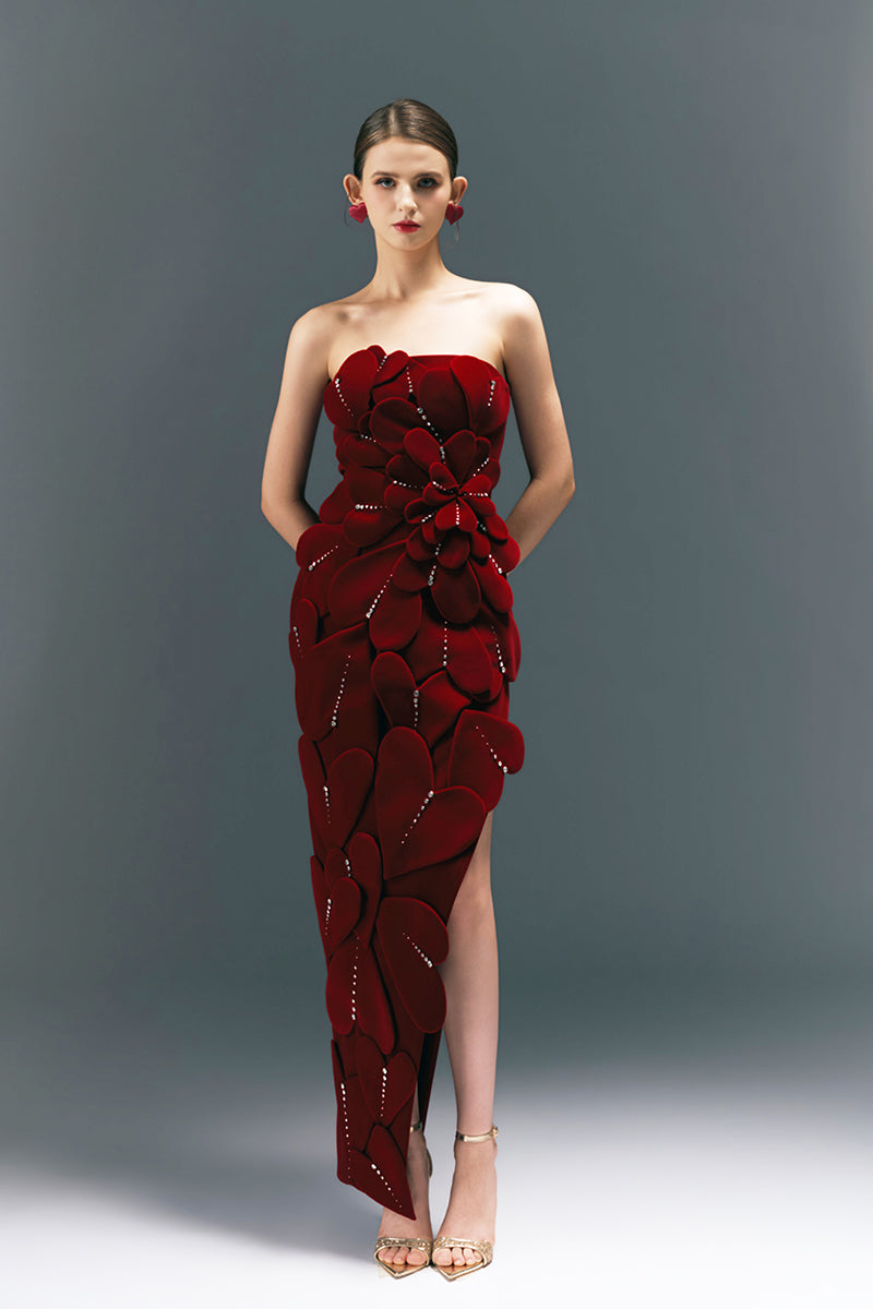 HAPPY CLOTHING CULT MIA X strapless burgundy velvet gown with fitted bodice and flowing skirt, perfect for elegant occasions.