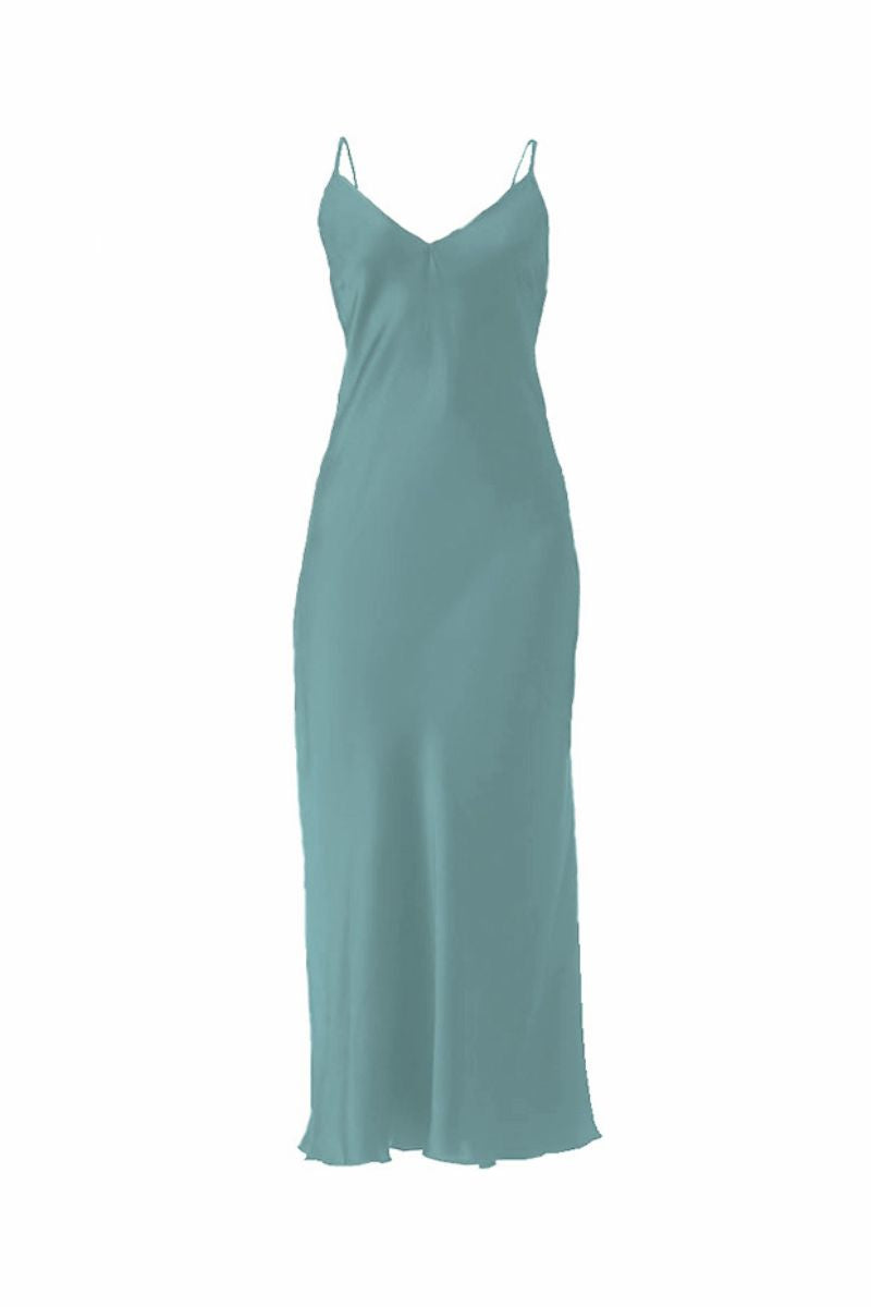 MASTANI Saxon slip dress, midi length with elegant fabric, showcased on a model, perfect for stylish occasions.