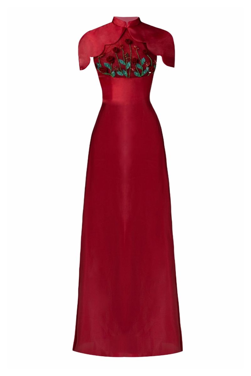 Elegant silk organza maxi Ao Dai gown and matching pants from Happy Clothing, featuring intricate details and flowing fabric.