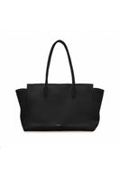 Black Vikele Studio tote bag with shoulder straps, made of durable material, shown hanging with open top and spacious interior.