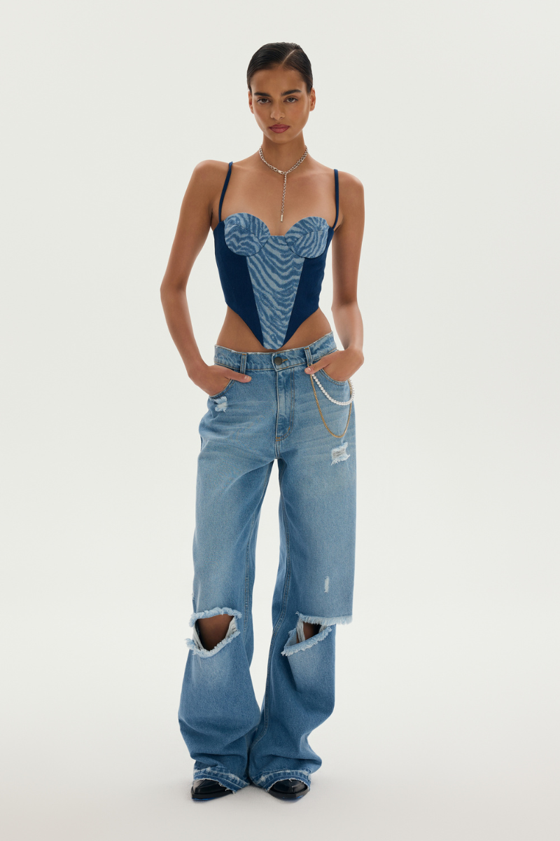 LOWELL CORSET IN DARK DENIM AND ZEBRA - CULT MIA