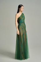 Green CULT MIA X HAPPY CLOTHING Makena A-line organza gown with flowing silhouette and elegant design.