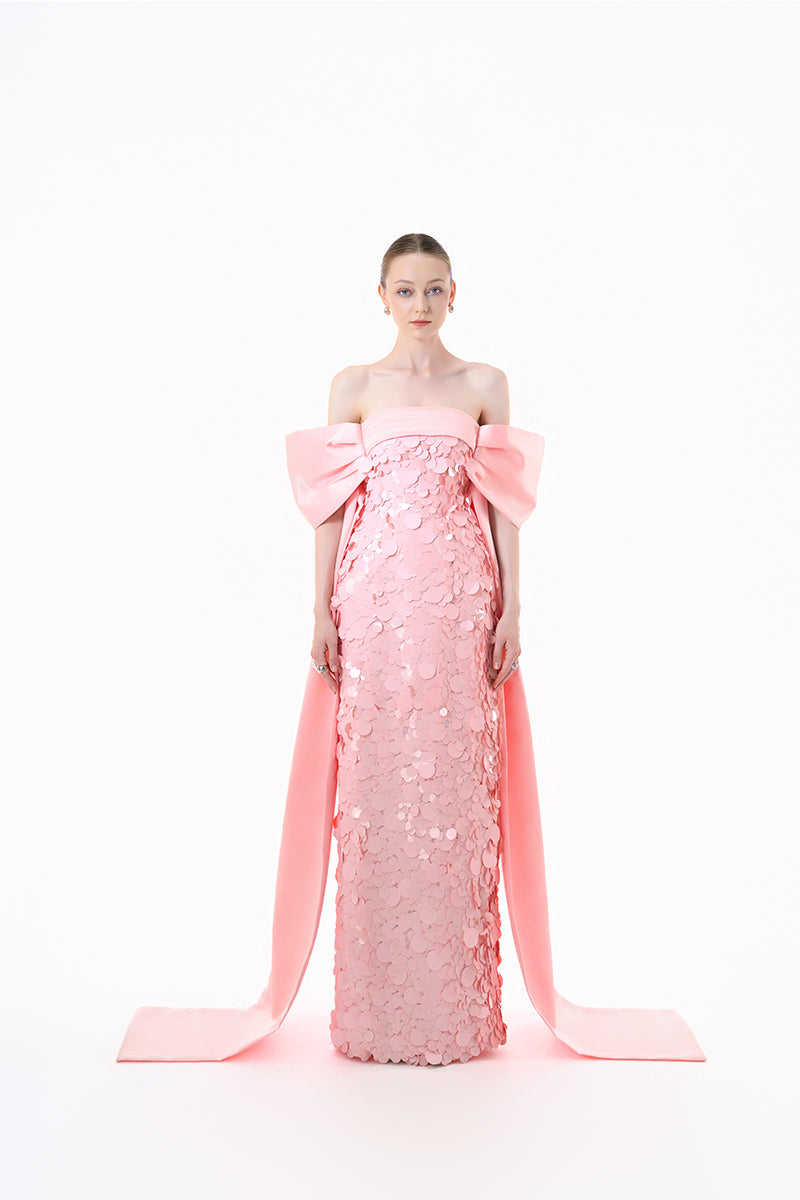 Blush pink gown with paillettes and bow-sleeve design by Happy Clothing, featuring a flowing, elegant dress perfect for special occasions.