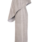 Light gray asymmetric draped cape sleeve column maxi dress by GVLUX, featuring elegant draping and a sleek silhouette.