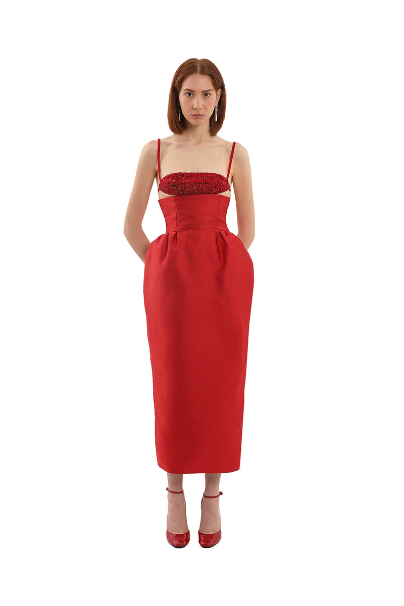 RED VOLUME MIDI SKIRT - CULT MIA