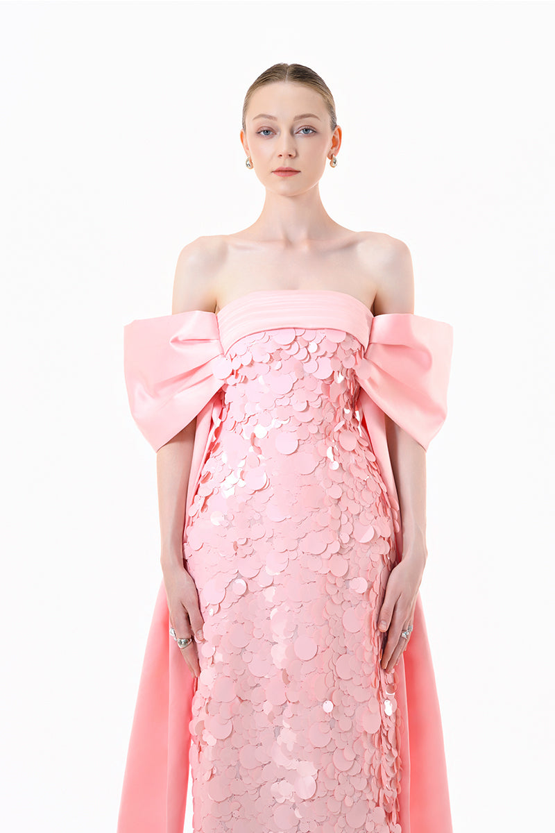 Blush pink gown with paillettes and bow-sleeves by HAPPY CLOTHING, featuring a flowing design and elegant details.