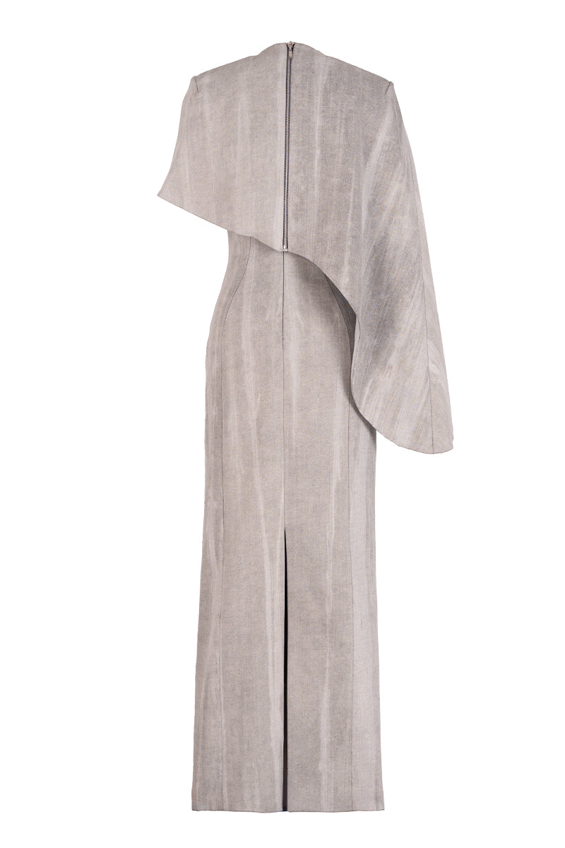 Light gray GVLUX asymmetrical draped cape sleeve maxi dress with a sleek column silhouette, elegant and stylish evening wear.