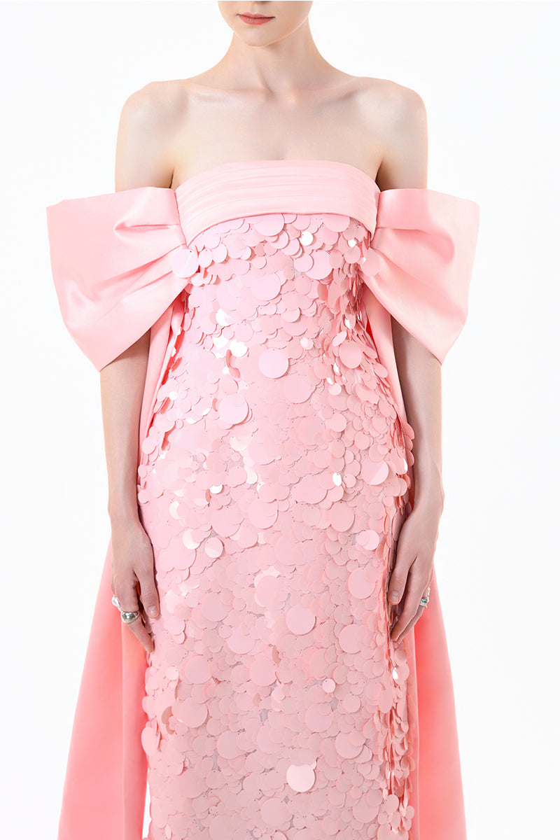 Blush pink gown by HAPPY CLOTHING with paillettes and bow-sleeve design, perfect for formal occasions.