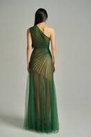 Green CULT MIA X HAPPY CLOTHING MaKenna A-line organza gown with elegant flowy design and sheer fabric.