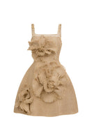Beige floral tweed mini dress by Happy Clothing, shown in a stylish close-up with textured fabric and floral pattern.