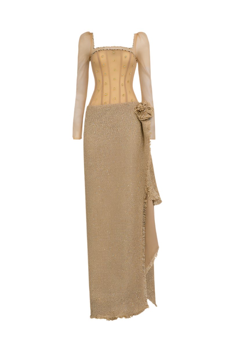 CRYSTAL BODYCON TWEED MAXI DRESS IN BEIGE - CULT MIA